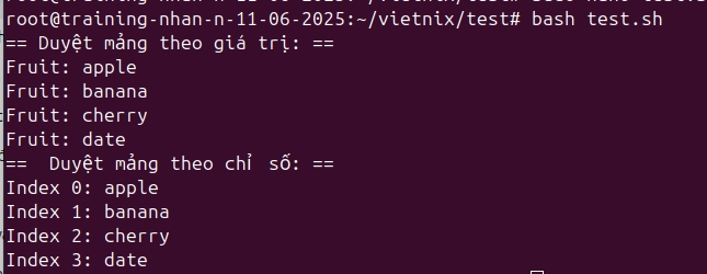 Kết quả hiển thị vòng lặp trong mảng