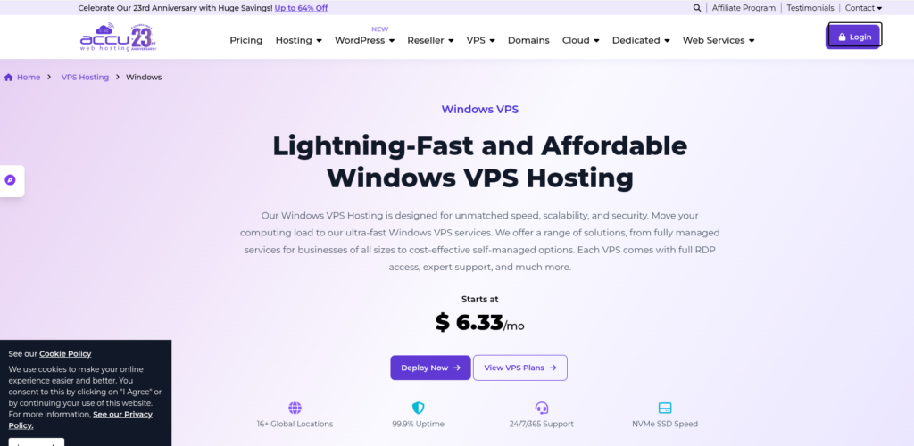 AccuWebHosting cung cấp gói VPS Windows dùng thử 30 ngày không yêu cầu thẻ tín dụng.