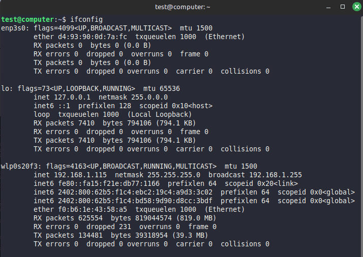 Lệnh $ ifconfig được dùng để xem thông tin cấu hình các giao diện mạng trên hệ thống