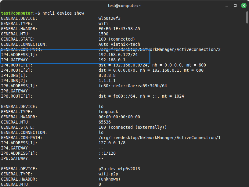 Bạn cũng có thể kiểm tra địa chỉ IP bằng công cụ nmcli trên Linux