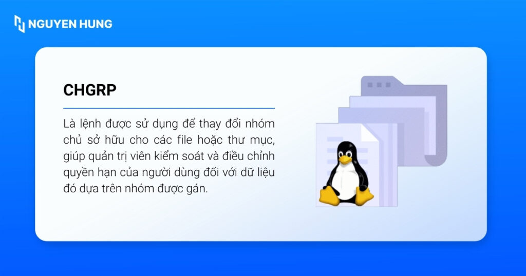 chgrp (change group) là lệnh được sử dụng để thay đổi nhóm chủ sở hữu cho các file hoặc thư mục