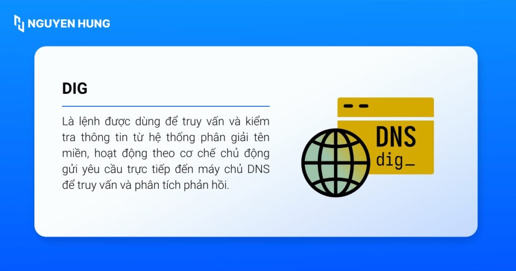 dig là lệnh được dùng để truy vấn và kiểm tra thông tin từ hệ thống phân giải tên miền