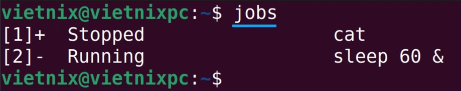 Kiểm tra lại danh sách job bằng lệnh jobs