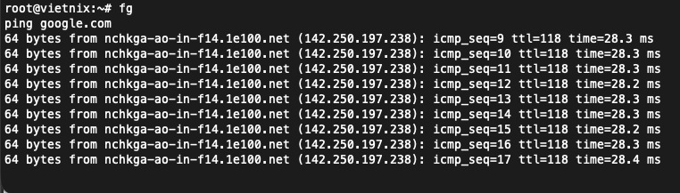 Đưa tiến trình về lại foreground bằng fg