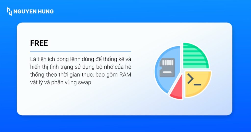 Lệnh free Linux dùng để thống kê và hiển thị tình trạng sử dụng bộ nhớ của hệ thống theo thời gian thực