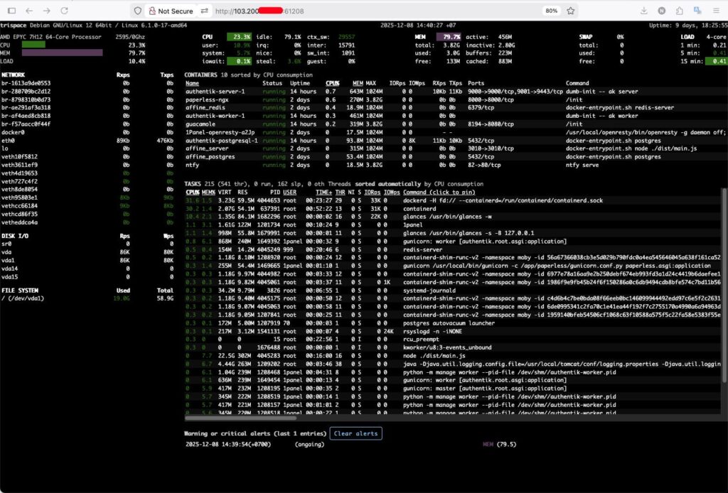 Truy cập địa chỉ web của Glances để xem dashboard