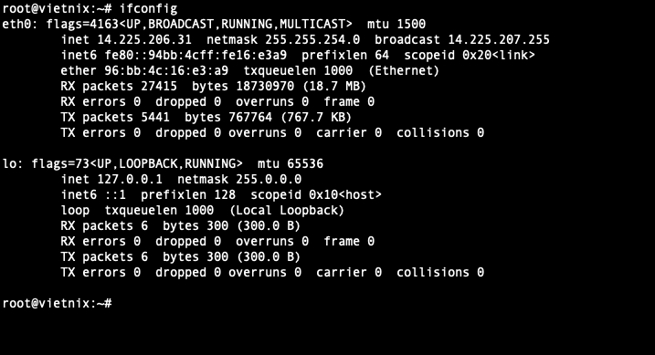 Kết quả hiển thị khi thực thi lệnh ifconfig