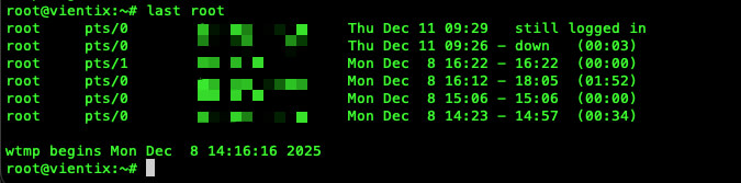 Hiển thị tất cả các lần đăng nhập của user root
