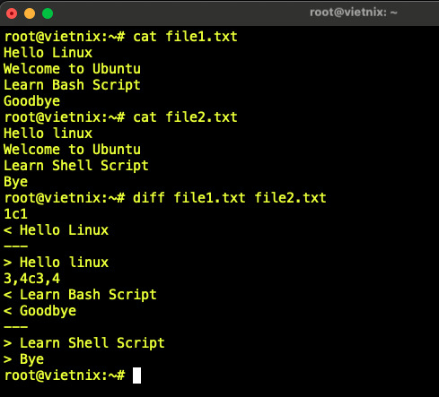 Dùng diff mặc định để so sánh 2 file file1.txt và file2.txt