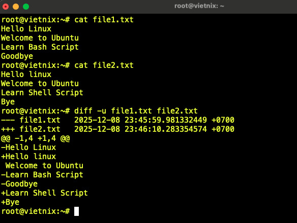 Dùng diff để so sánh 2 file với option -u