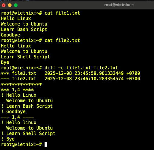 Dùng diff để so sánh 2 file với option -c