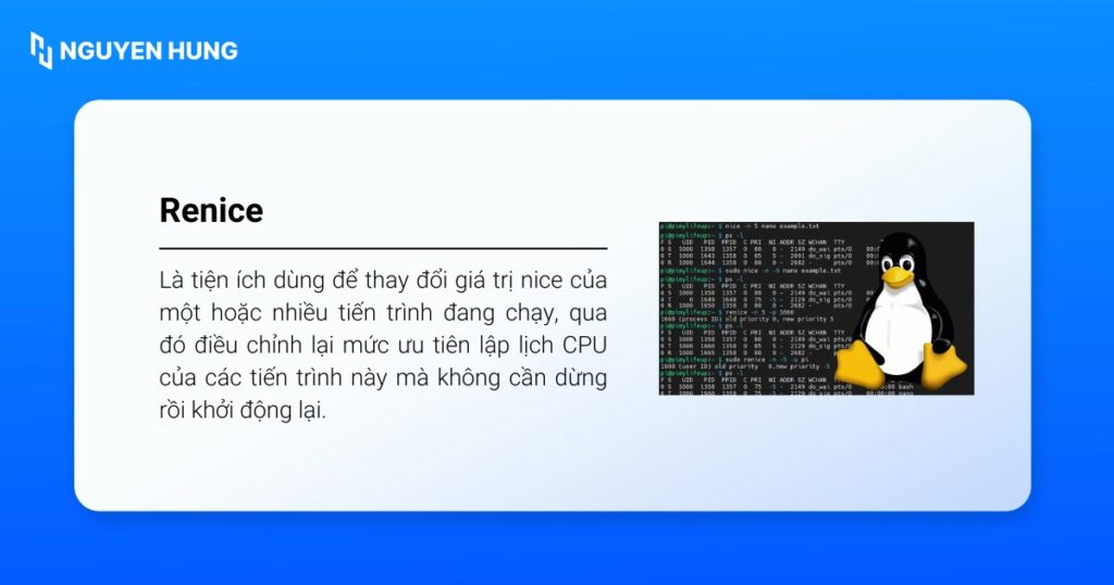 Lệnh renice trong Linux là tiện ích dùng để thay đổi giá trị nice của một hoặc nhiều tiến trình đang chạy