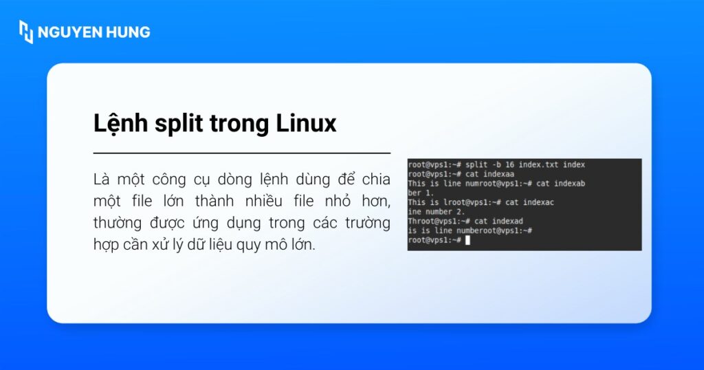 Lệnh split trong Linux là một công cụ dòng lệnh dùng để chia một file lớn thành nhiều file nhỏ hơn