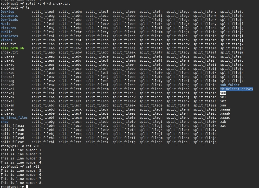 Kết quả của lệnh split -l 4 -d index.txt