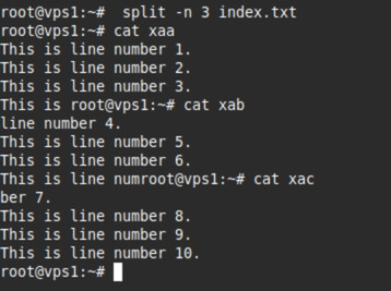Kết quả của lệnh split -n 3 index.txt