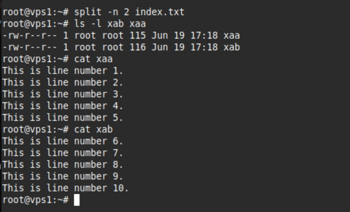 Kết quả của lệnh split -n 2 index.txt