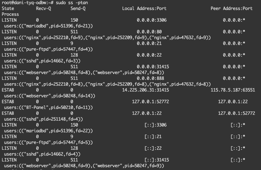 Xem các kết nối TCP và process liên quan