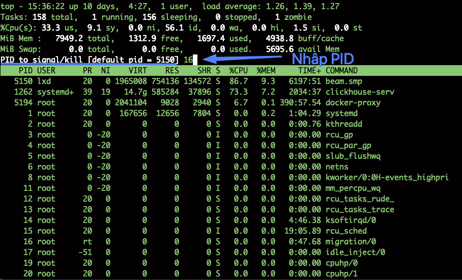 Kết thúc tiến trình có PID là 16