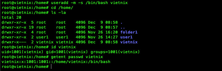 Tạo user và chỉ định shell đăng nhập