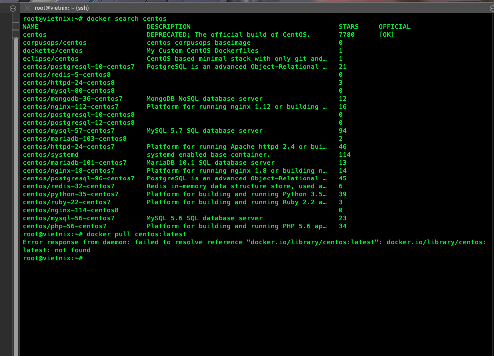 Bạn có thể dùng lệnh docker search centos để quản lý kho Image lưu trữ