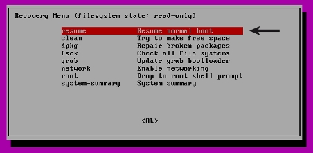 Chọn resume để khởi động hệ thống Linux sau khi đã sửa lỗi root file system