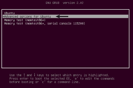 Trong menu khởi động, chọn Advanced options for Ubuntu để sửa chữa root file system