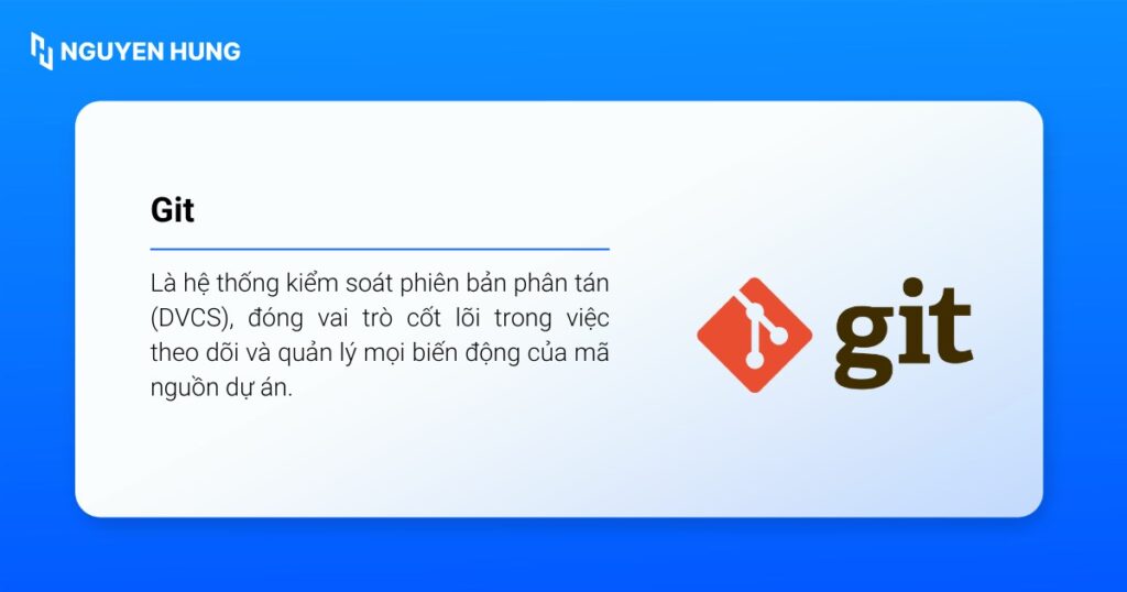 Git là hệ thống quản lý phiên bản phân tán, giúp theo dõi và quản lý mọi thay đổi của mã nguồn dự án.