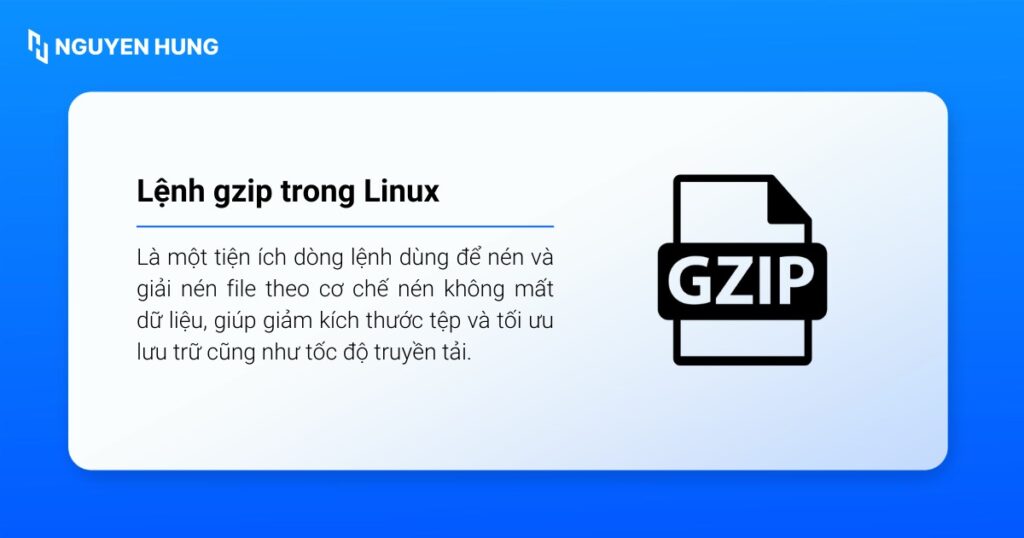 Lệnh gzip trong Linux là tiện ích dòng lệnh nén/giải nén file theo cơ chế không mất dữ liệu