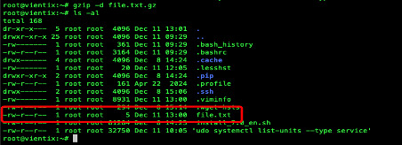 Để giải nén file thì bạn cần thực hiện lệnh gzip -d file.txt.gz