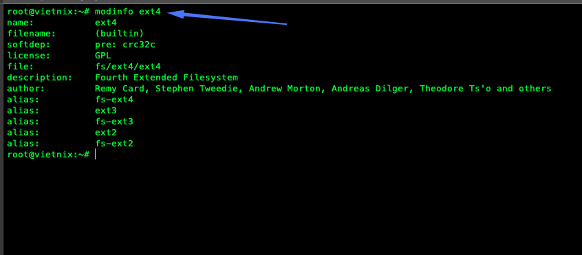 Xem thông tin chi tiết bằng lệnh modinfo