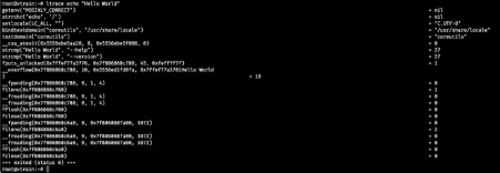 Output của ltrace echo "Hello World"