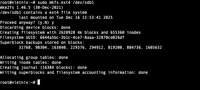Tạo filesystem ext4 cho partition