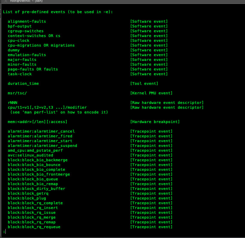 Output của lệnh perf list