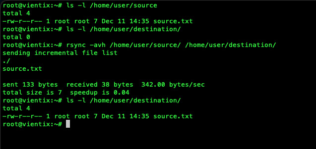 Output của lệnh rsync -avh /home/user/source/ /home/user/destination/