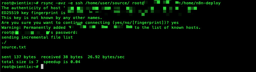 Output lệnh rsync -avz -e ssh /home/user/source/ user@remote_host:/home/user/destination/