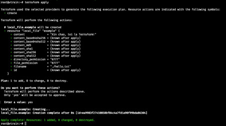 Bạn chạy terraform apply để khởi tạo hạ tầng, file hello.txt sẽ xuất hiện