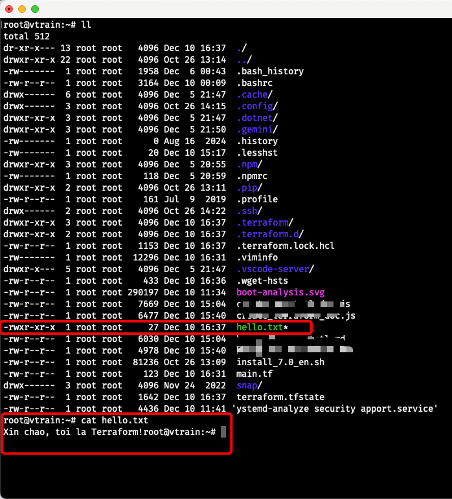 Sau khi chạy terraform apply xong, file hello.txt sẽ xuất hiện