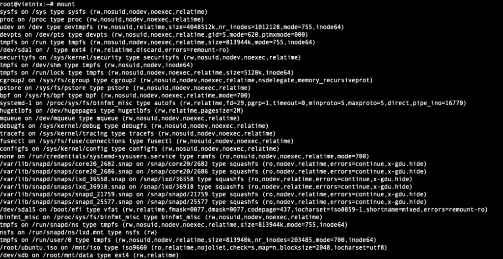 Liệt kê toàn bộ các tùy chọn và thuộc tính chi tiết của các hệ thống tệp đang hoạt động