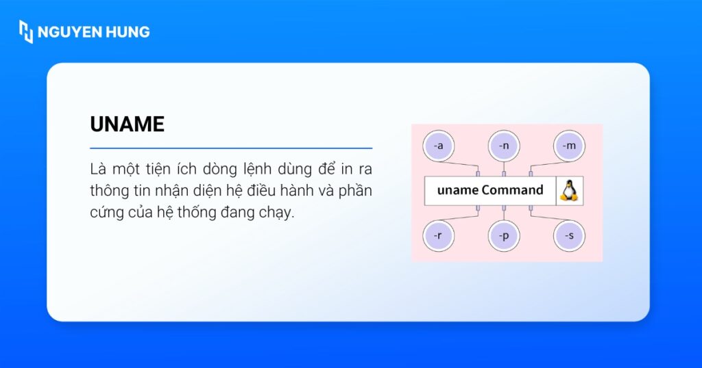 Lệnh uname dùng để in ra thông tin nhận diện hệ điều hành và phần cứng của hệ thống đang chạy