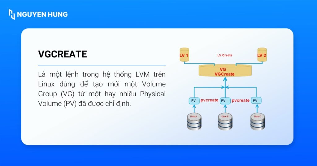 vgcreate là lệnh trong hệ thống LVM trên Linux dùng để tạo mới một Volume Group