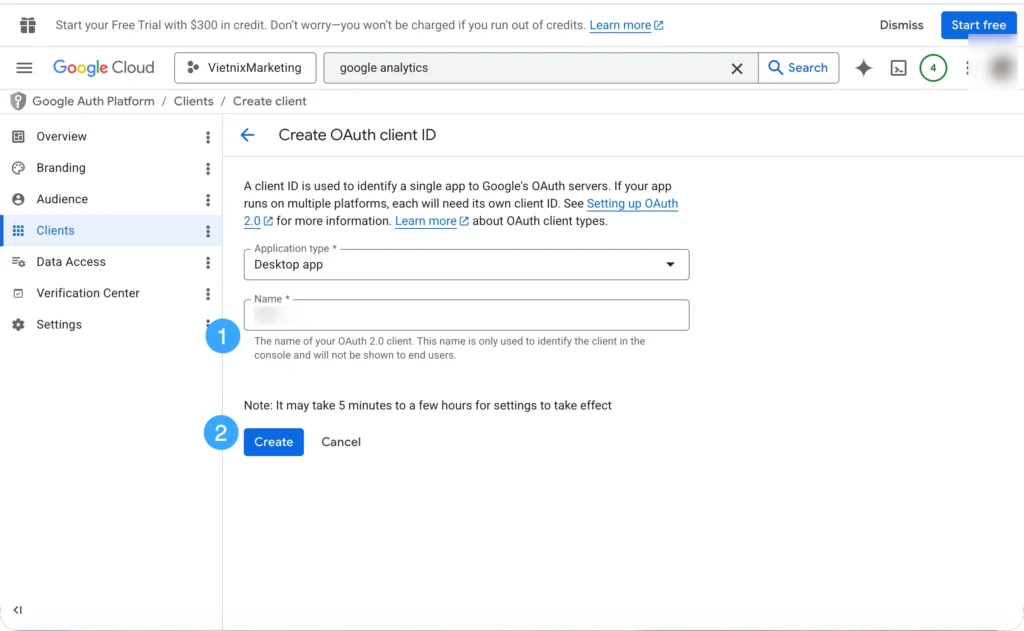 Điền Name và nhấn Create