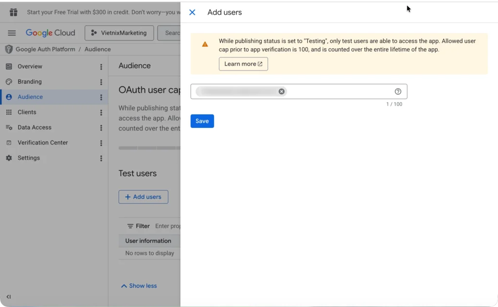 Thêm email Google và nhấn Save