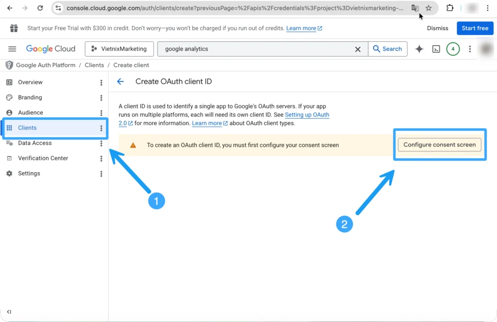 Chọn Configure consent screen trong menu Clients 