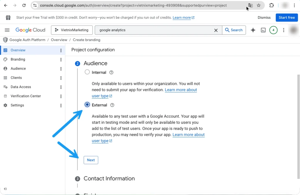 Chọn External tại phần Audience