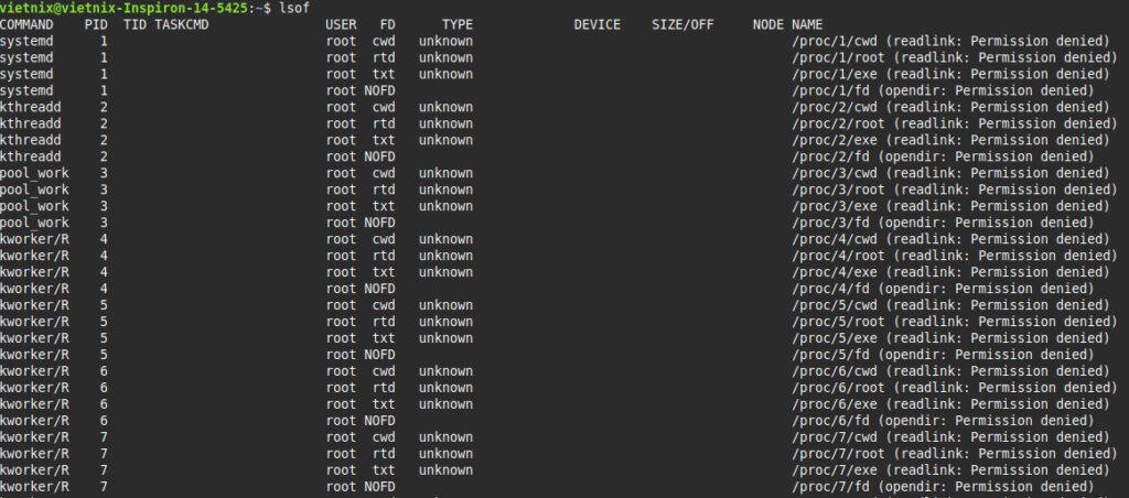 Một số thông tin trong kết quả của lệnh lsof