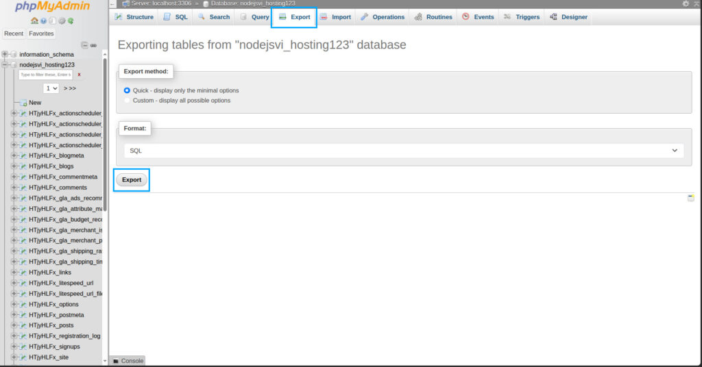 Vào phpMyAdmin, chọn database và chọn tab Export