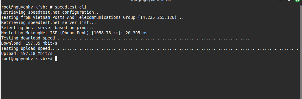 Terminal sau khi chạy lệnh speedtest-cli
